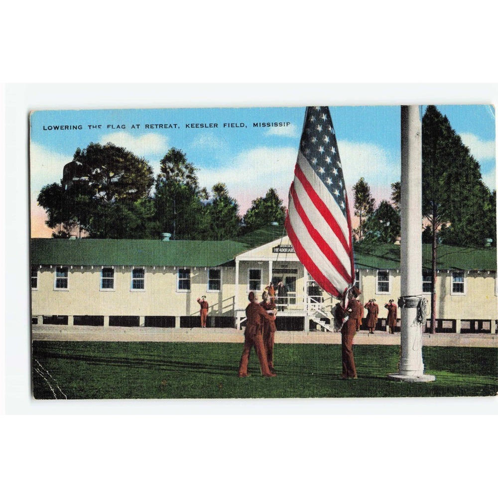 Vintage Keesler Field Mississippi Postcard Lowering the Flag at Retreat WWII VG